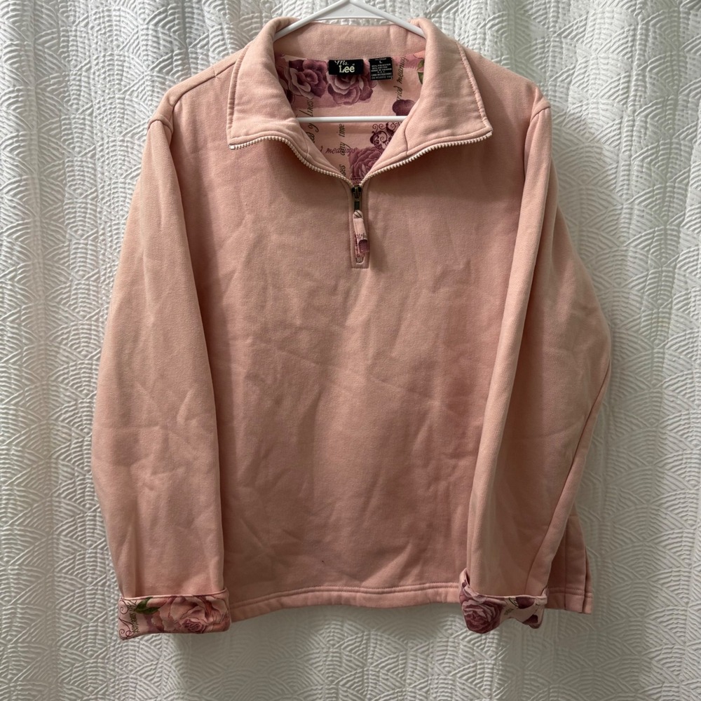 Ms Lee Pink Rose‎ Floral Quarter Zip Sweatshirt Pullover Women's Size L